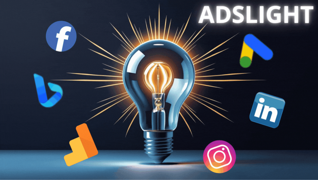 Adslight digital marketing services – light bulb symbolizing ideas with icons of Facebook, Instagram, Google Ads, LinkedIn, Bing, and Google Analytics.